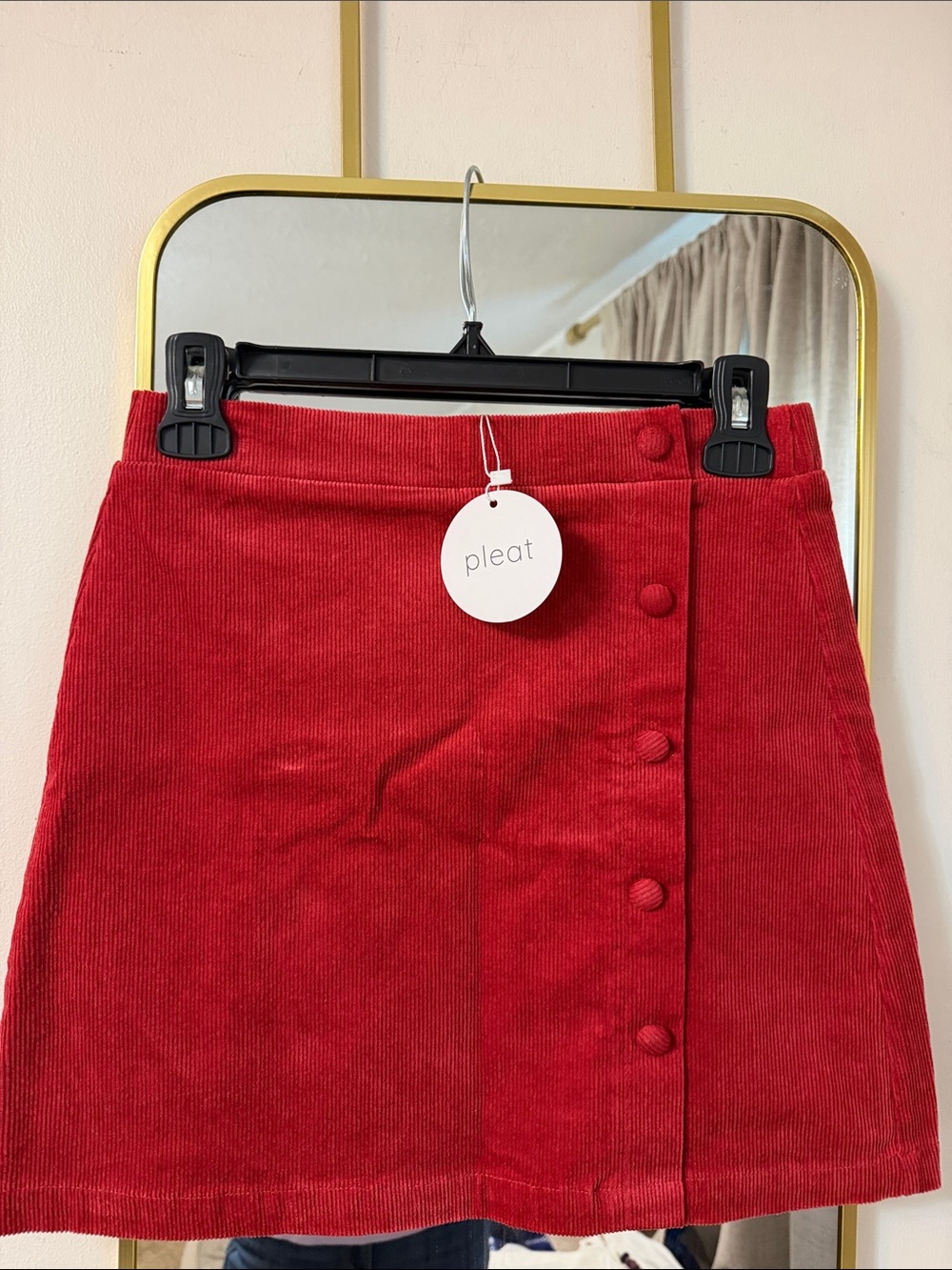 Pleat Red Corduroy Button-Down A-Line Skirt for Kids